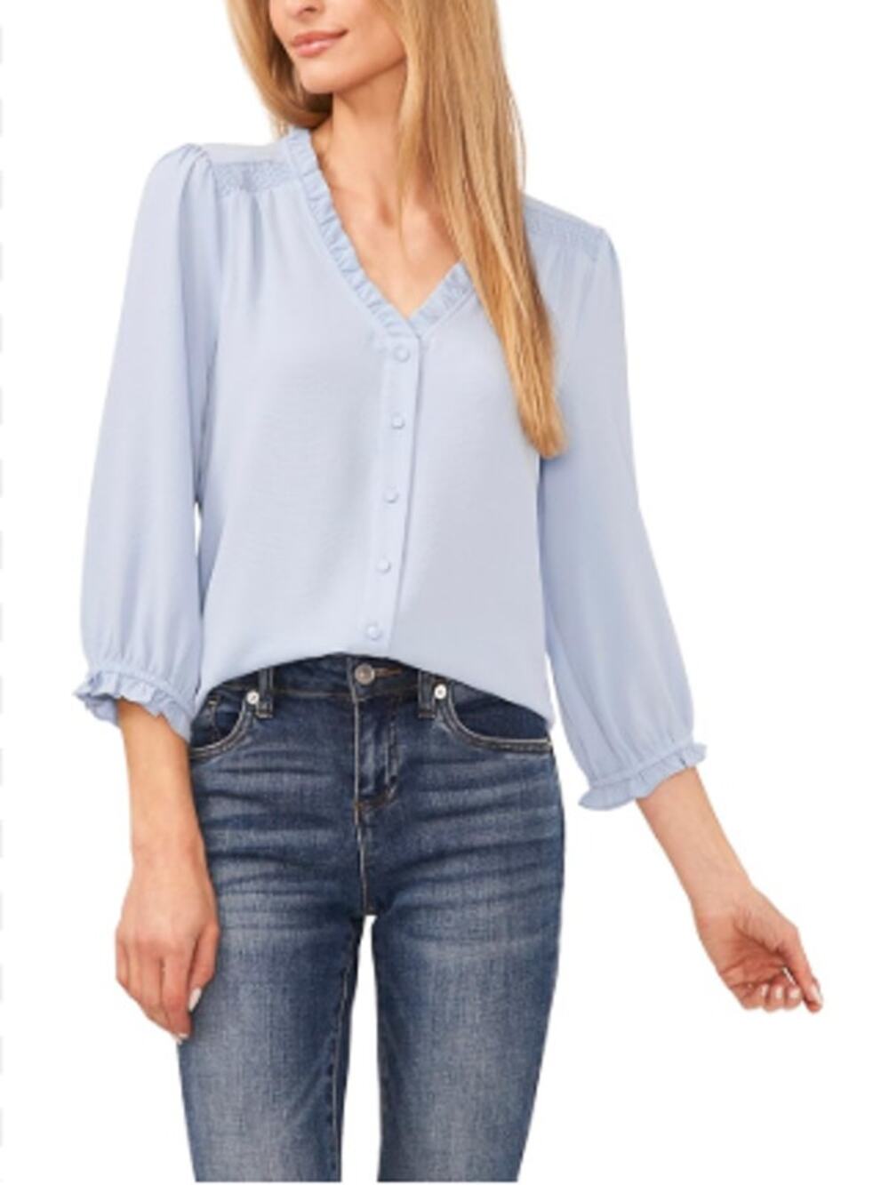CECE Women's Ruffled Popover Blouse Small Blue Air V Neck 3/4-Sleeve NWT